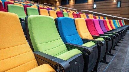 Fototapeta premium A detailed closeup of new seating arrangements featuring comfortable ergonomic chairs with vibrant upholstery designed to enhance audience experience during performances.