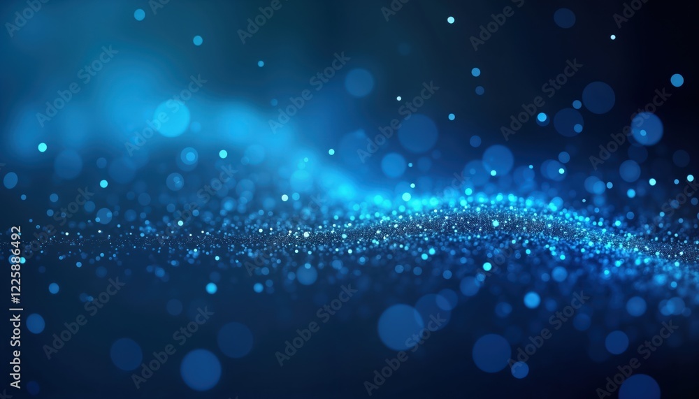 Poster Abstract digital art piece shows glowing blue particles on dark blue gradient background. Particles float, create dreamy effect like night sky. Ideal for tech design projects like apps websites.