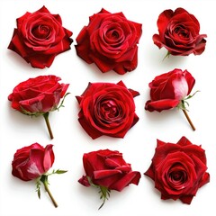Set of red roses isolated on white background