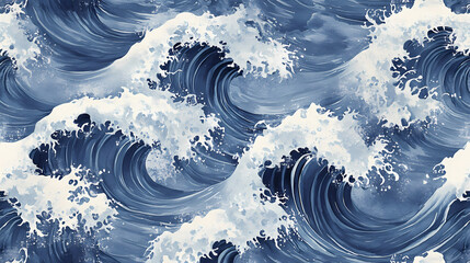 Seamless pattern of traditional japanese wave motifs in subtle indigo tones watercolor illustration style. Indigo Wave. Illustration