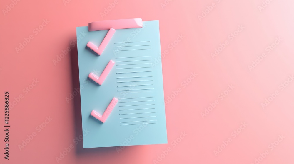 Poster 3d minimal business documents note paper with checkmark or tick mark icon. 3d render