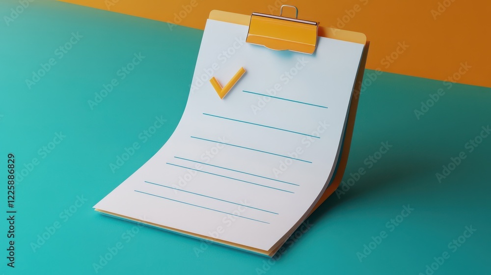 Poster 3d minimal business documents note paper with checkmark or tick mark icon. 3d render