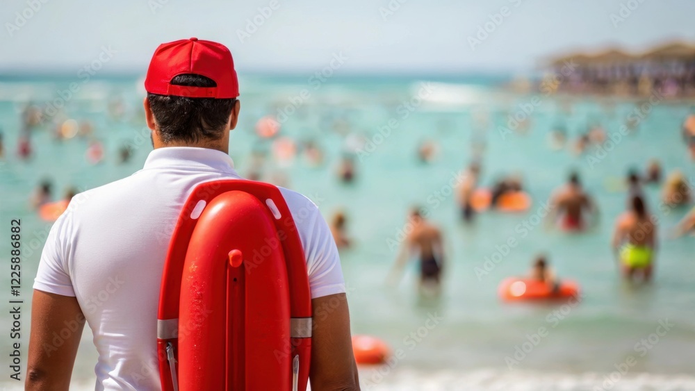 Poster A medium closeup focusing on a lifeguards vigilant posture as they observe swimmers their red floatation device prominently in view against a blurred background of gleeful