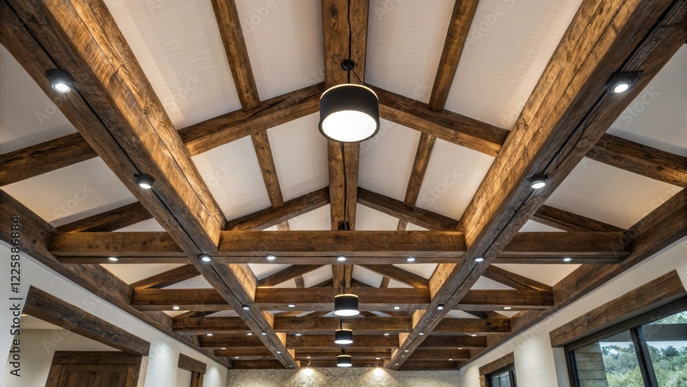 Poster A medium closeup featuring exposed beams of an old ceiling harmonizing with contemporary lighting fixtures demonstrating a blend of rustic charm with modern chic.
