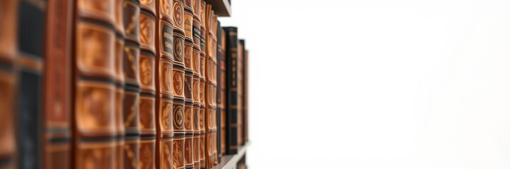Bookshelf with vintage books displaying a nostalgic mood against a plain background