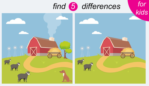 Logic puzzle game for kids. You need to find 5 differences. Farm. Sheep and dog.