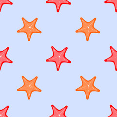 Seamless pattern with starfish in shades of red and orange on a light blue background. A perfect summer-inspired marine design for fabrics, wallpapers, packaging, and beach-themed projects.
