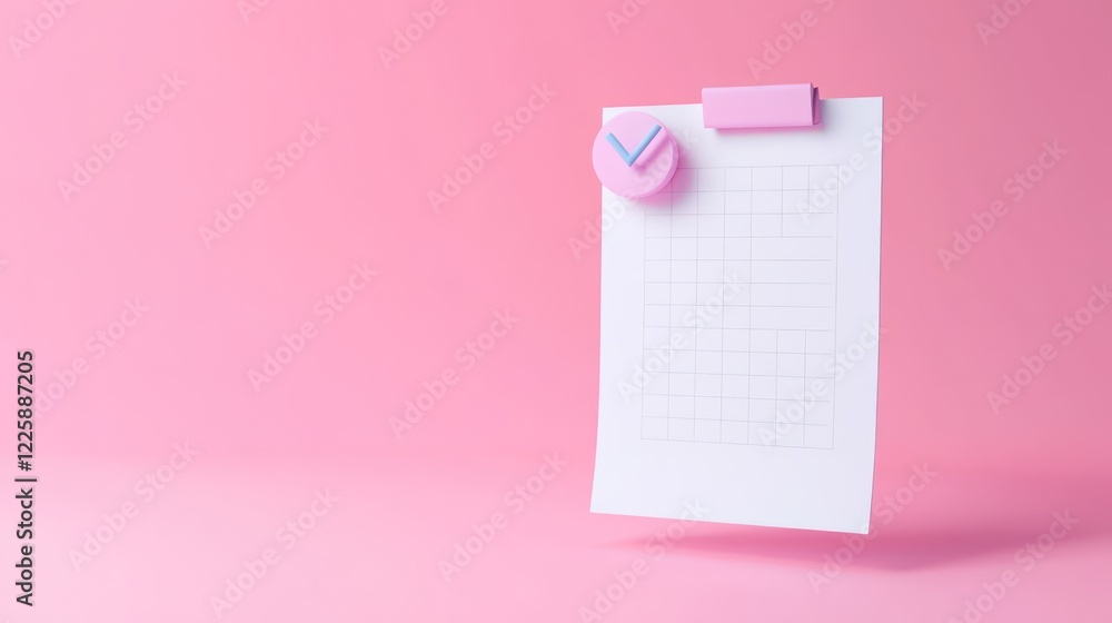 Poster 3d minimal business documents note paper with checkmark or tick mark icon. 3d render