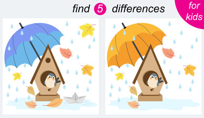 Logic puzzle game for kids. You need to find 5 differences. Autumn. The bird is sitting in a birdhouse under an umbrella.