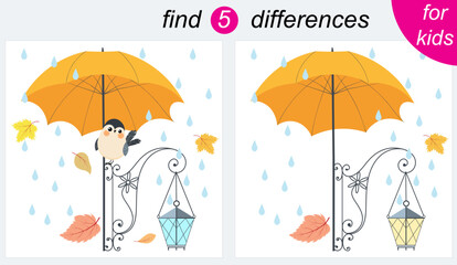 Logic puzzle game for kids. You need to find 5 differences. Autumn. The bird sits under an umbrella near a lantern.