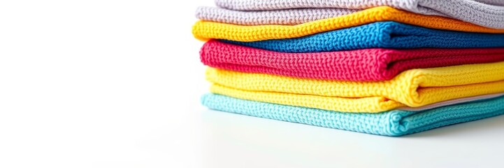 Colorful folded towels with a cheerful mood arranged neatly against a white background