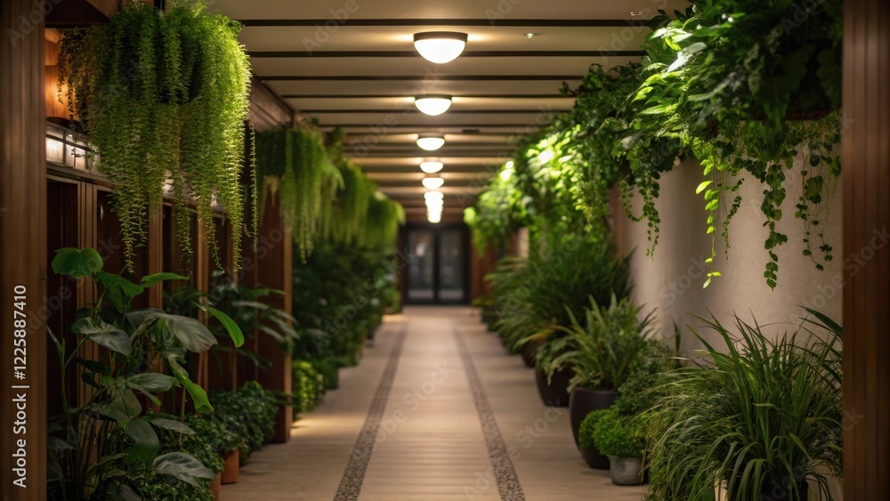 Aufkleber A medium closeup of a corridor featuring plants and greenery with overhead lighting complementing the natural elements creating a healing environment.