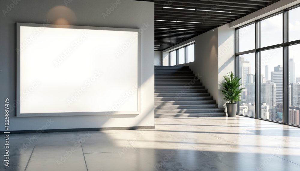 Aufkleber Modern office lobby with blank white frame on wall. Empty space for advertisement design mockup. Light streams in from large windows showing cityscape view. Modern style. Commercial space. Empty