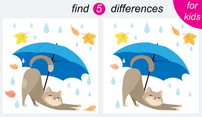 Logic puzzle game for kids. You need to find 5 differences. Autumn. A cat stretches sweetly under an umbrella in the rain.