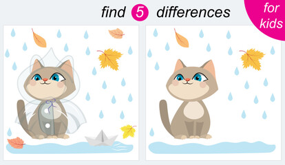 Logic puzzle game for kids. You need to find 5 differences. Autumn. A cute kitten sits near a puddle in the rain.
