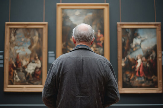 An elderly man seen from behind in a museum, looking at classical art