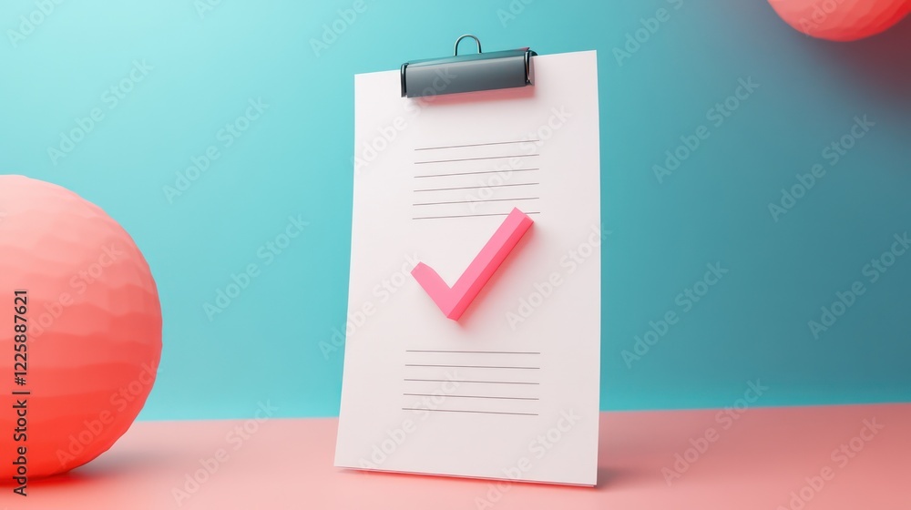 Poster 3d minimal business documents note paper with checkmark or tick mark icon. 3d render