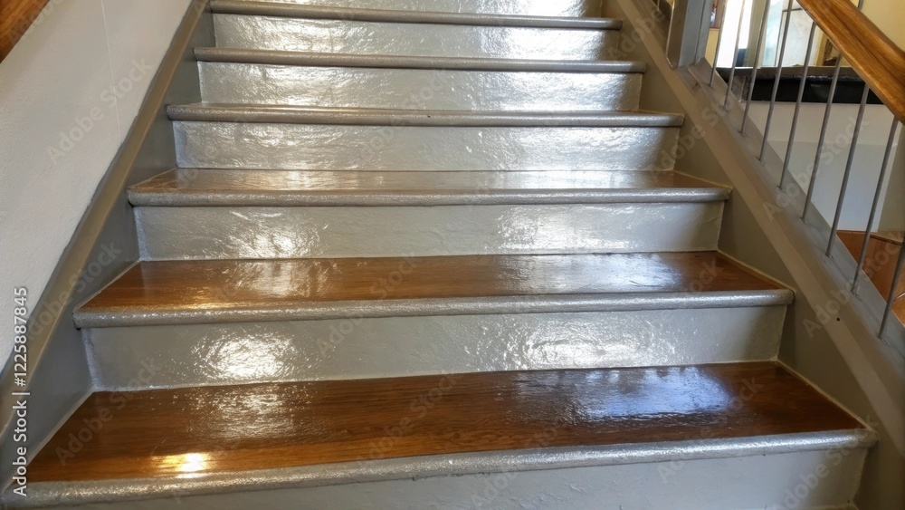 Poster a medium closeup of a freshly coated stair tread highlighting the glistening surface that reflects l