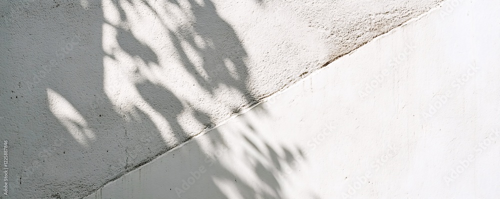 Poster sunlight creating shadow leaves on white wall background