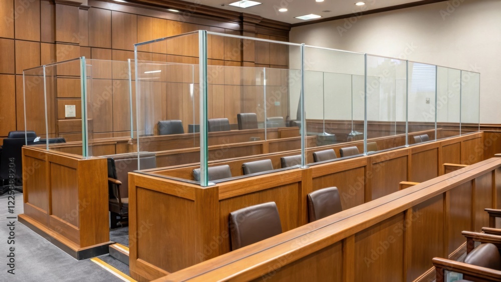 Poster a medium closeup of a jury box showing an arrangement of protective glass partitions for privacy emp
