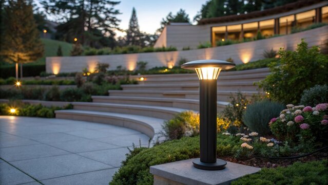 A medium closeup of a landscape lighting fixture highlighting garden areas flanking the amphitheater enhancing the aesthetic appeal as twilight approaches.