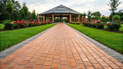Fototapeta premium A medium closeup of a newly laid brick pathway leading to an updated pavilion with the warmth of the bricks contrasting against lush grass and blooming flowers along the sides.