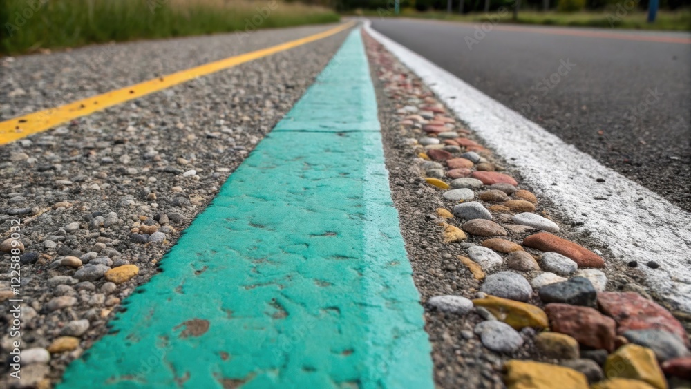 Poster A medium closeup of a painted bike lane with visible texture showing the interaction of the paint with gravel and pebbles embedded in the path giving it a rugged appearance.