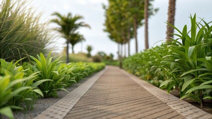 Fototapeta premium A medium closeup of a path bordered with native plants illustrating the interaction between innovative walkway materials and the lush foliage thriving alongside them.
