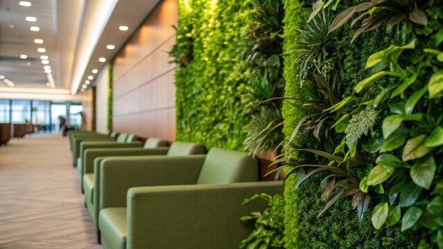 A medium closeup of a planted green wall made of recycled materials in the waiting area promoting ecofriendly practices while providing a tranquil atmosphere for passengers.