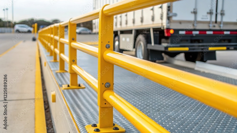 Poster A medium closeup of a safety railing brightly colored for visibility with a focus on the sy materials and secure attachment to the ramp complemented by a blurred view of the