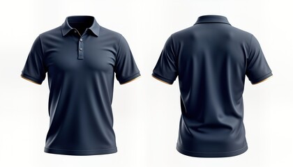 Navy polo shirt front, back view. Classic polo shirt design with simple collar, buttons. Suitable for casual or smart casual settings. Shirt has smooth texture. Gold trim enhances polo shirt design.