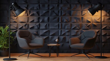Modern office interior with acoustic panels and comfortable chairs