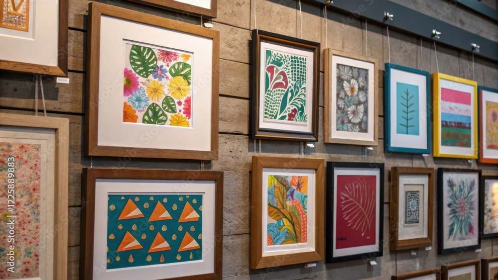 Poster a medium closeup of a vibrant array of art prints hanging in a gallerylike arrangement with varying 