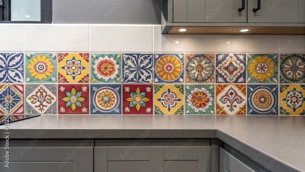 Aufkleber a medium closeup of a vibrant tiled backsplash contrasting against sleek gray counter surfaces with 