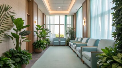 A medium closeup of a triage area designed with natural light streaming in featuring plants and soothing colors that promote healing and reduce stress for patients and staff.