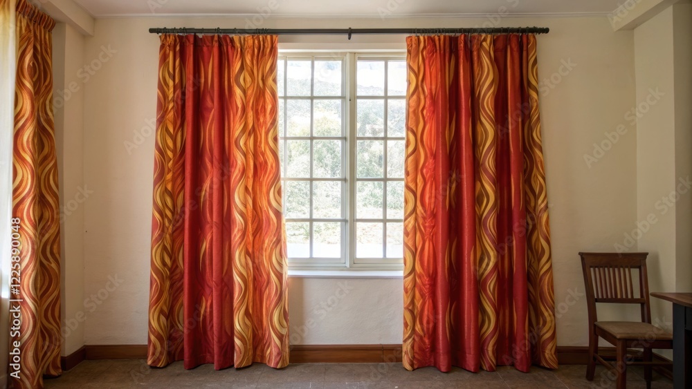 Poster A medium closeup of a window draped with vibrant firepatterned curtains allowing natural light to filter into the otherwise utilitarian room.