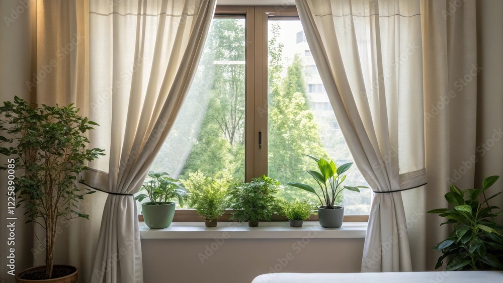 Poster a medium closeup of a window with curtains allowing natural light to flood in complemented by indoor
