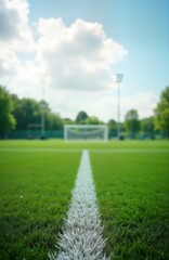 Empty soccer field with white lines on vibrant green grass. Goal visible in background. Daytime with clear sky, scattered clouds. Ideal for sports theme images, conceptual imagery related to
