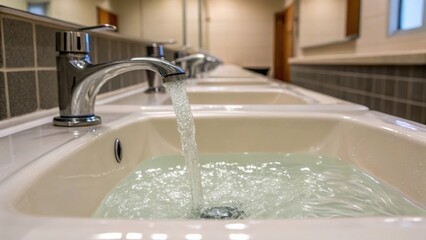 Fototapeta premium A medium closeup of a waterefficient sink with aerated spouts displaying the steady stream of water that is both powerful and ecofriendly reflecting light in a wellmaintained