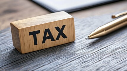 Wooden block with "TAX" and pen on desk