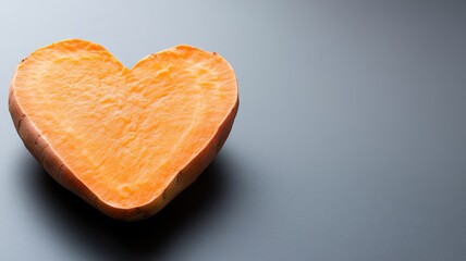 Heart-shaped slice of sweet potato on grey background