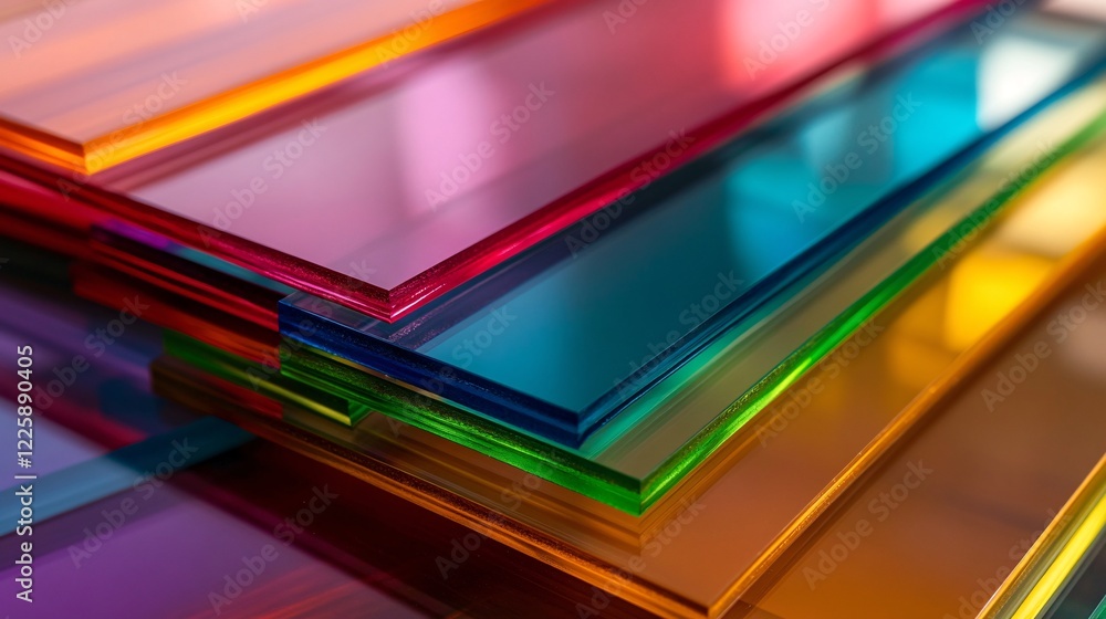 Poster stack of colorful transparent acrylic sheets forming abstract background