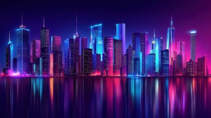 Neon Cityscape Skyline Night Lights Reflecting