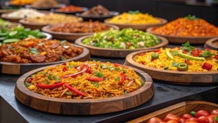 Obraz premium A medium closeup of diverse international street food dishes being served from a stall with an array of colors and textures presented on wooden platters appealing to a variety of