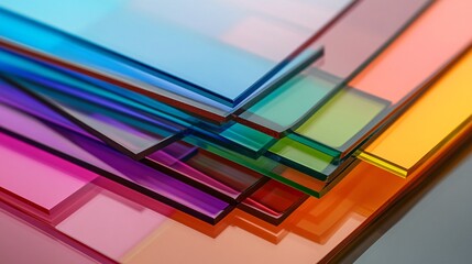 Stack of colorful transparent acrylic sheets forming an abstract background