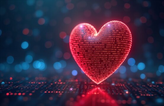 Naklejki Digital heart formed by binary code. Valentine Day tech expression. AI love communication. Heart shaped code on digital surface. Personalized love messages created by algorithms. Romantic tech.