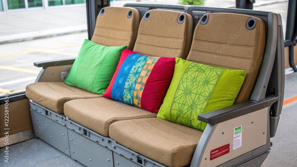 Poster a medium closeup of innovative seating made from recycled materials adorned with colorful cushions e