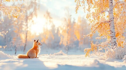 Red fox in snowy forest at sunset, winter wonderland scene, nature photography