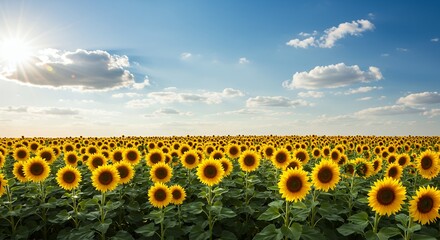 Fototapeta premium Sunflowers Field Landscape Under Sunny Sky
