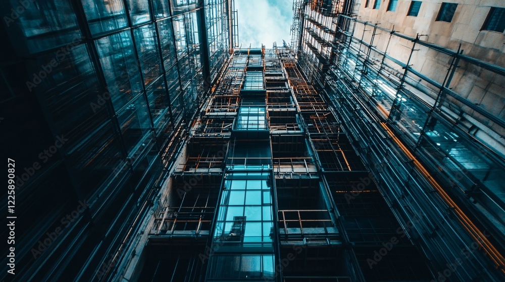 Poster modern building under construction with scaffolding and glass facade